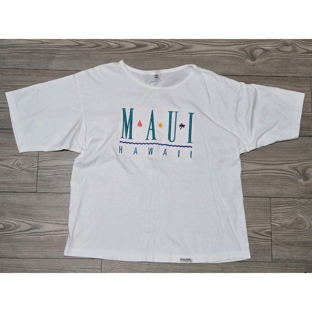 Vintage Crazy Shirts Maui Hawaii One Size White Embroidered Shirt Single Stitch